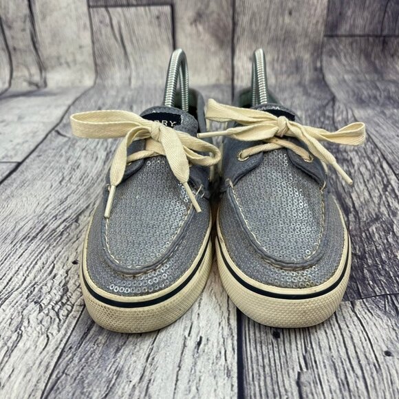 Sperry Bahama 2 Eye Boat Shoes Women's size 6 Slip On Sneaker Blue Sequins Shiny - Picture 6 of 11